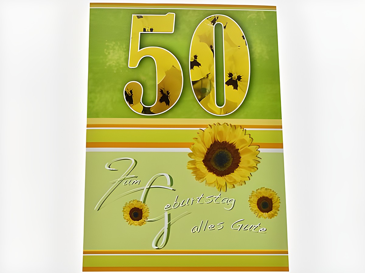 Grüne Geburtstagskarte mit großen gelben Zahlen 50 und gelben Blütenmotiven, текст "Zum Geburtstag alles Gute", Hersteller Juwelier Harnisch.