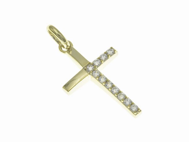 Anhänger aus sterling Silber in Kreuzform, poliert und vergoldet, mit Zirkonia besetzt, Hersteller Juwelier Harnisch, edles Schmuckstück mit Stein.