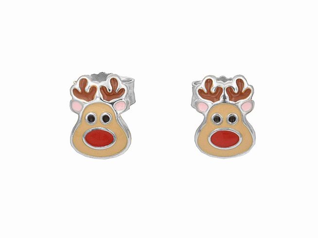 305228-0 Ohrstecker in Form von Rentierköpfen aus rhodiniertem Sterling Silber mit buntem Lack, ideal für Kinder, Hersteller Juwelier Harnisch.