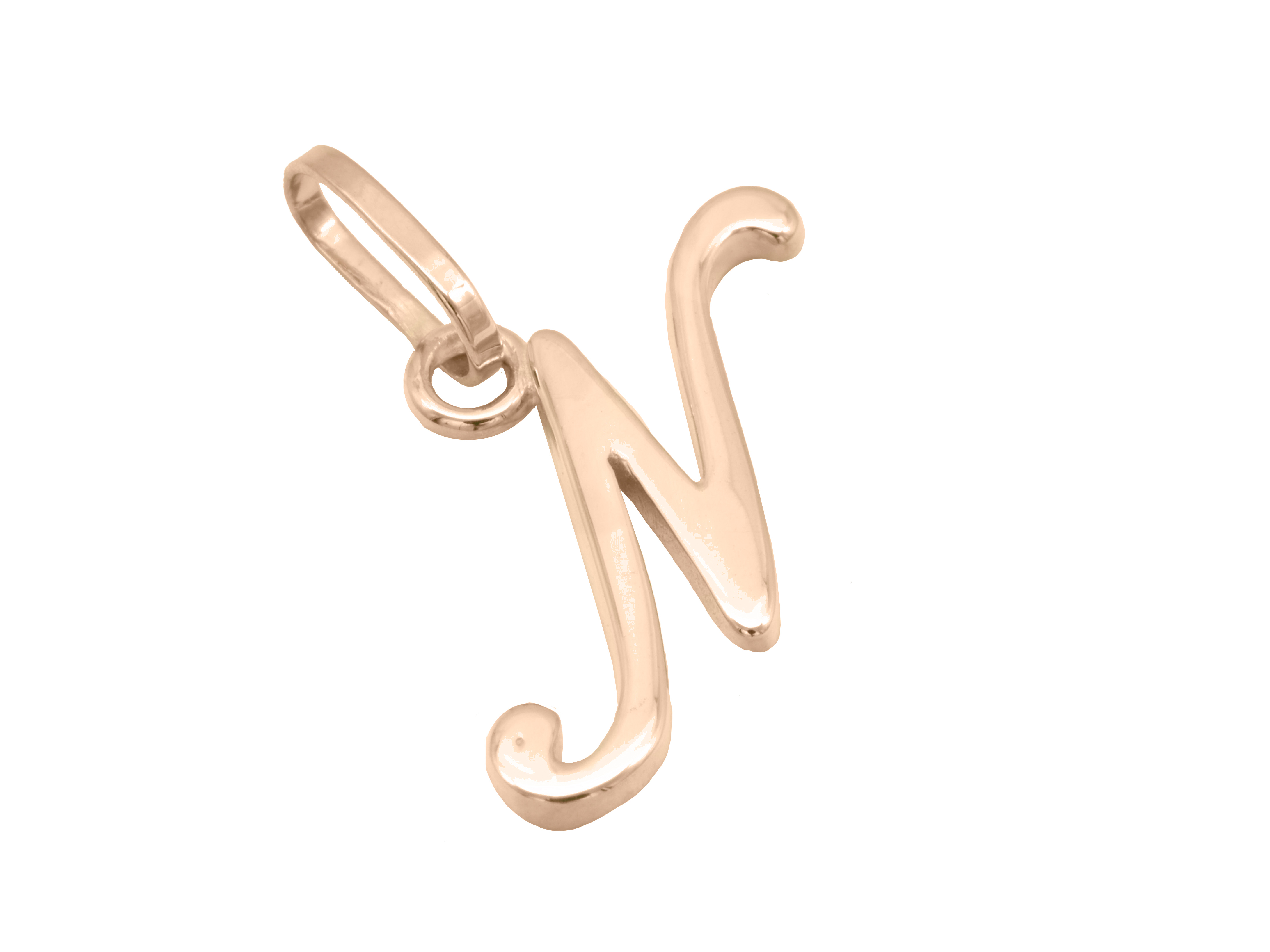 Buchstaben Anhänger N aus poliertem Sterling Silber in Roségold vergoldet, hergestellt von Juwelier Harnisch, stilvolles Design und elegant verarbeitet.