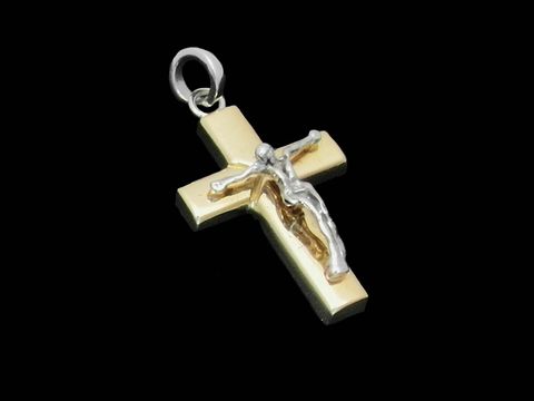 Kreuz-Anhänger aus Gold 585 in bicolor mit Jesusfigur, Hersteller Juwelier Harnisch, elegant und detailreich verarbeitet. Ideal als Schmuckstück für religiöse Anlässe.
