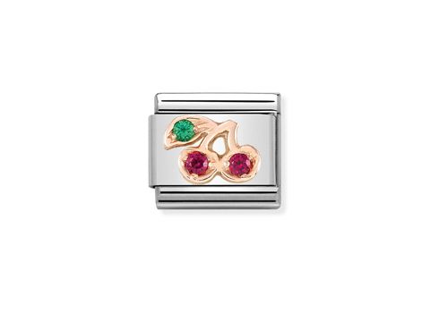Roségoldener Charm mit Kirschen aus Edelstahl, besetzt mit roten und grünen Steinen, Teil der NOMINATION Classic Kollektion, Modell 430305 17.