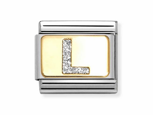 Silberne Emaille charm mit einem Glitzerbuchstaben L in Gelbgold, kombiniert mit Edelstahl, aus der Nomination Kollektion 030291 12 Classic.