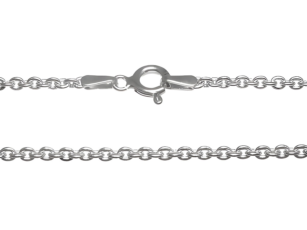 Runde Ankerkette aus rhodiniertem Silber mit einer Länge von 40 cm und einer Breite von 2,3 x 2,3 mm, ausgestattet mit einem sicheren Karabinerverschluss. Hersteller: Juwelier Harnisch.