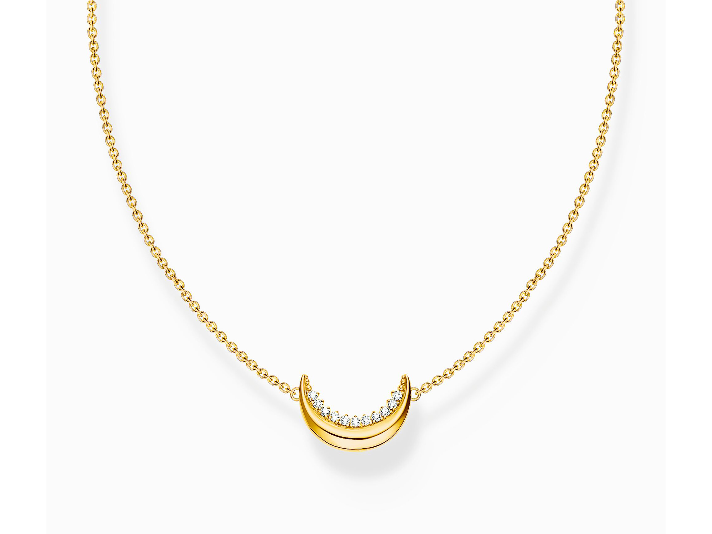 Schöne Thomas Sabo True Romance Kette in Silber mit 750er Vergoldung, verziert mit Zirkonia, mit einem eleganten Halbmond-Anhänger, Länge 40-45 cm. Ideal für jeden Anlass.