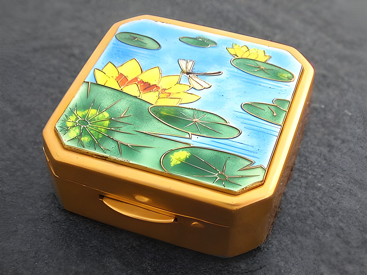 Multifunktionale Dose mit Seerosen-Motiv, Hersteller Juwelier Harnisch, ohne Stein, verziert mit bunten Blumen und Libellen auf blauem Hintergrund. Ideal als Schmuckdose oder Aufbewahrung.