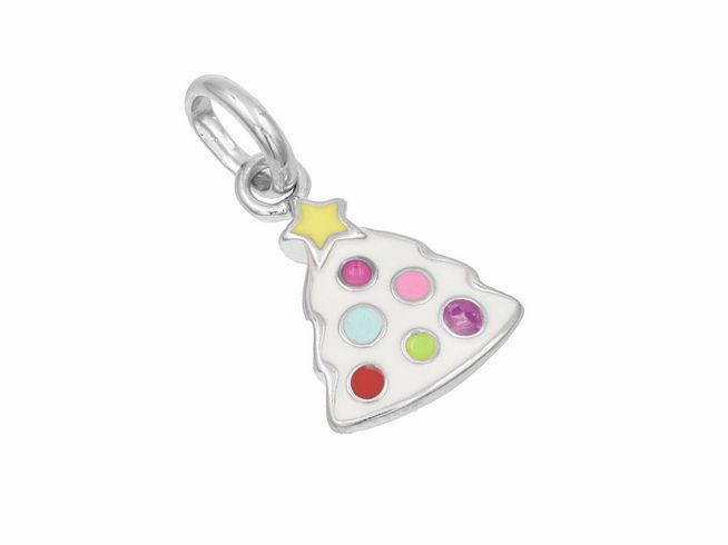 Anhänger Weihnachtsbaum aus poliertem rhodiniertem Sterling Silber mit buntem Lack, Hersteller Juwelier Harnisch, ideal als Schmuckstück zur Weihnachtszeit.