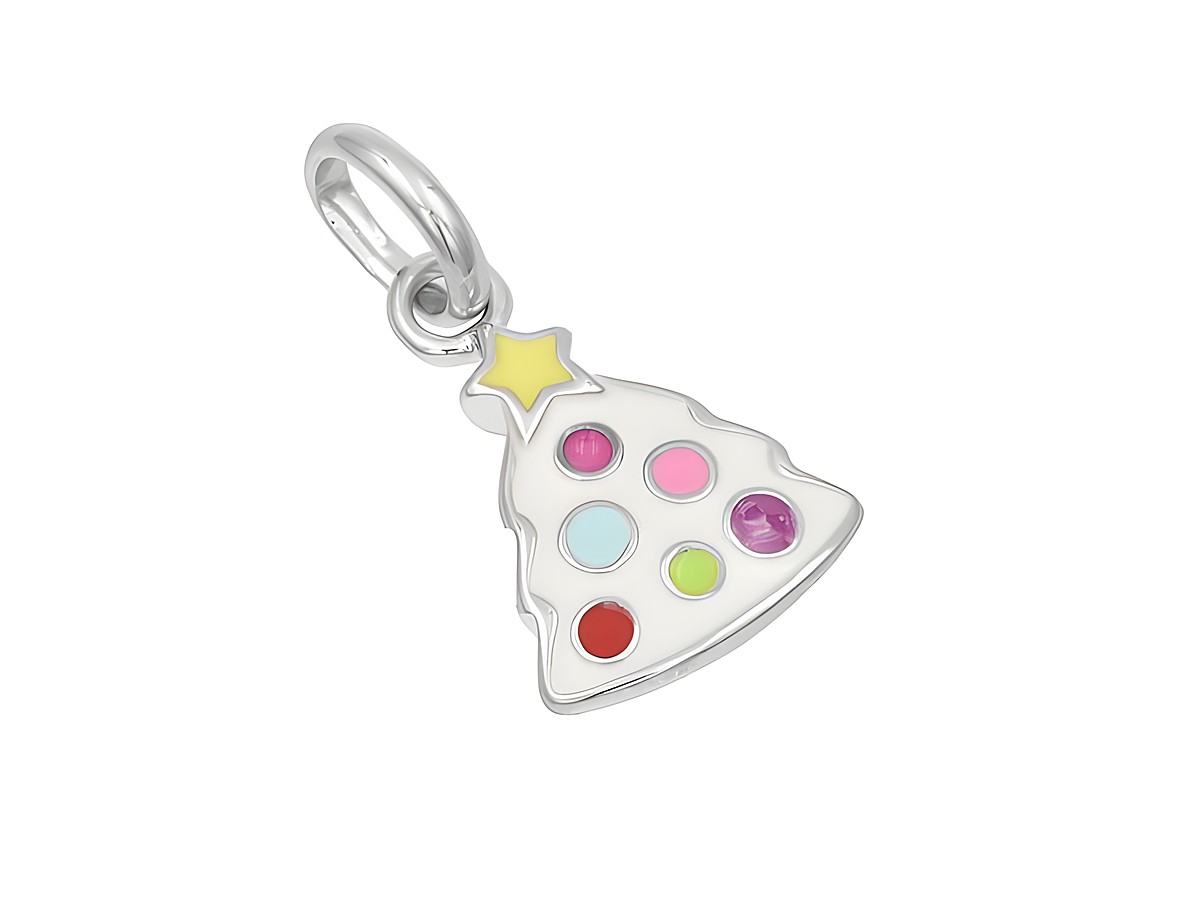 Anhänger Weihnachtsbaum aus poliertem rhodiniertem Sterling Silber mit buntem Lack, Hersteller Juwelier Harnisch, ideal als Schmuckstück zur Weihnachtszeit.