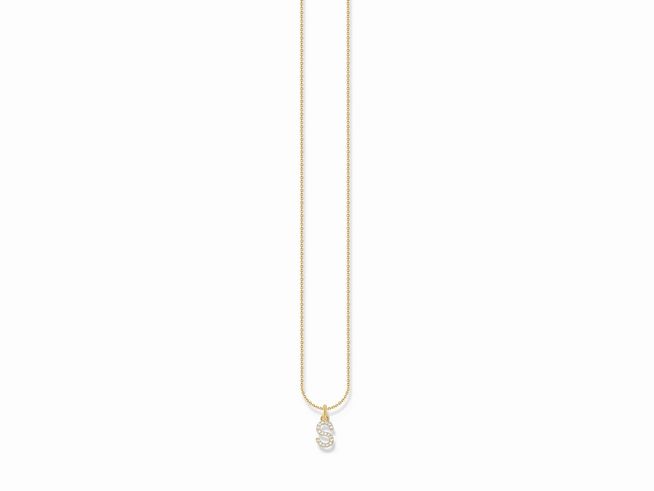 Kette von Thomas Sabo in Silber mit vergoldetem Buchstaben S und Zirkonia in Weiß, verstellbar von 38 bis 45 cm, elegantes Schmuckstück für jeden Anlass.