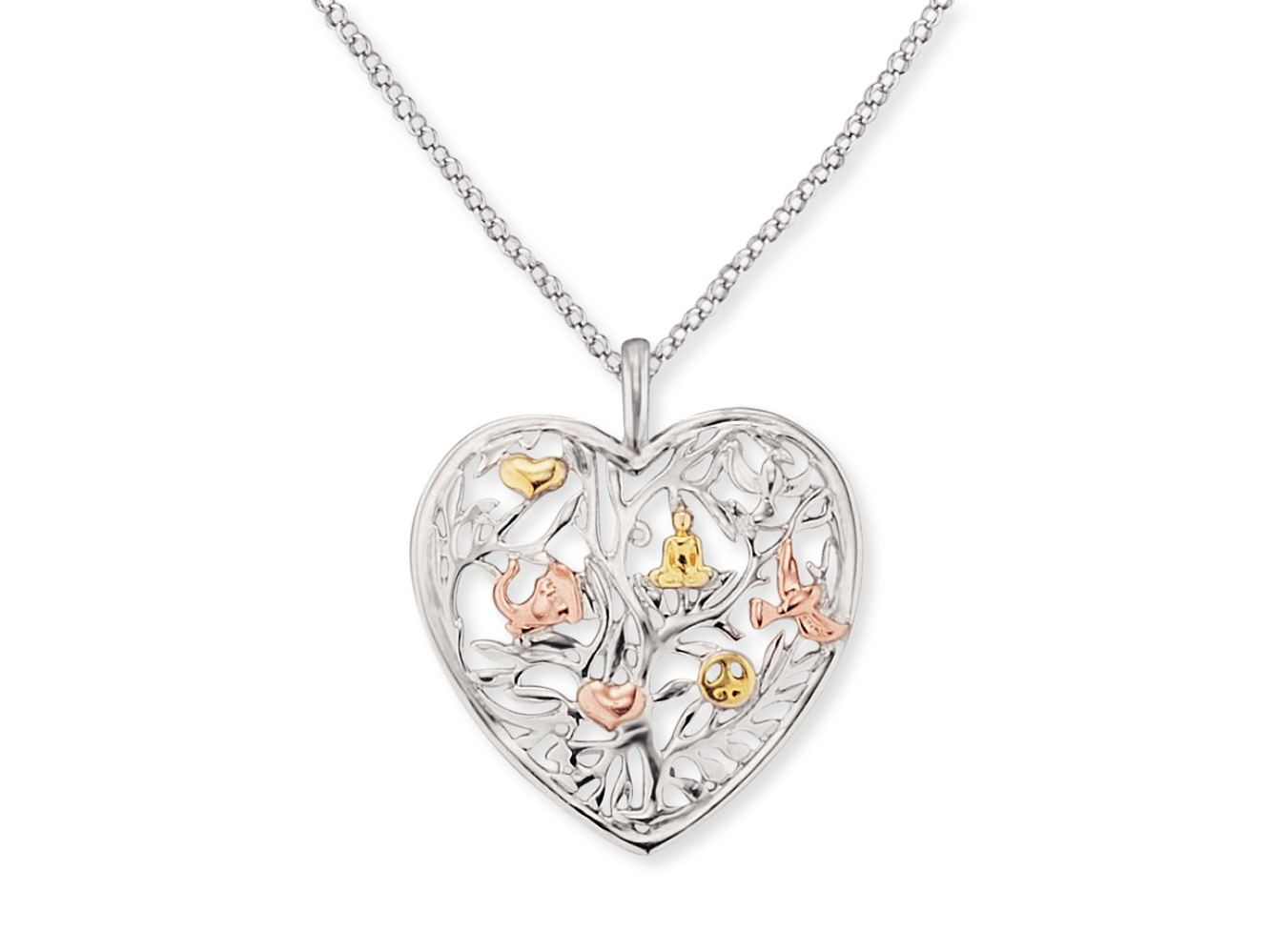 Engelsrufer ERN-HEARTTREE-TRICO LEBENSBAUM Kette Herz Tricolor - 50 cm Die Engelsrufer Herz Kette aus Silber mit einem filigranen Lebensbaum-Anhänger in Tricolor-Design zeigt verschiedene Motive wie einen Buddha und kleine Herzen. Die Kette hat eine Länge von 50 cm.