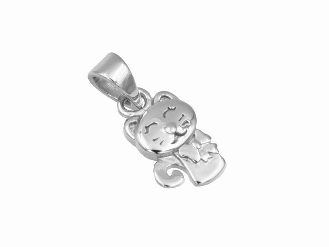 Silber Anhänger Katze niedlich rhodiniert, Hersteller Juwelier Harnisch, zeigt einen charmanten Katzenanhänger mit fröhlichem Gesicht und geschlossenen Augen. Ideal für Tierliebhaber.