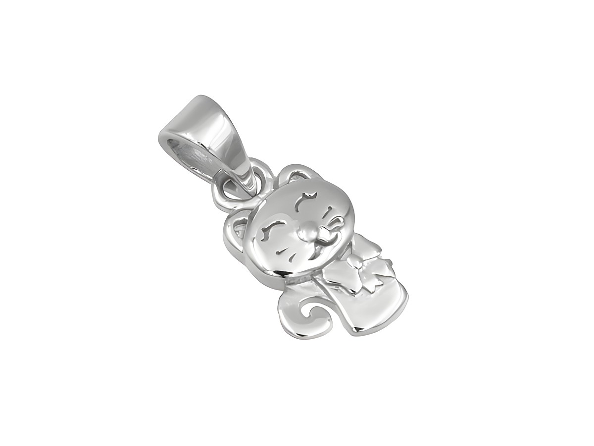 Silber Anhänger Katze niedlich rhodiniert, Hersteller Juwelier Harnisch, zeigt einen charmanten Katzenanhänger mit fröhlichem Gesicht und geschlossenen Augen. Ideal für Tierliebhaber.