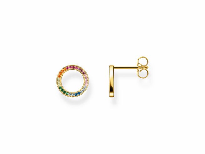 Ohrstecker von Thomas Sabo in vergoldetem Silber mit bunten Glas-Keramik Steinen, synthetischem Korund, Spinell und Zirkonia, rundes Design, elegant und farbenfroh.