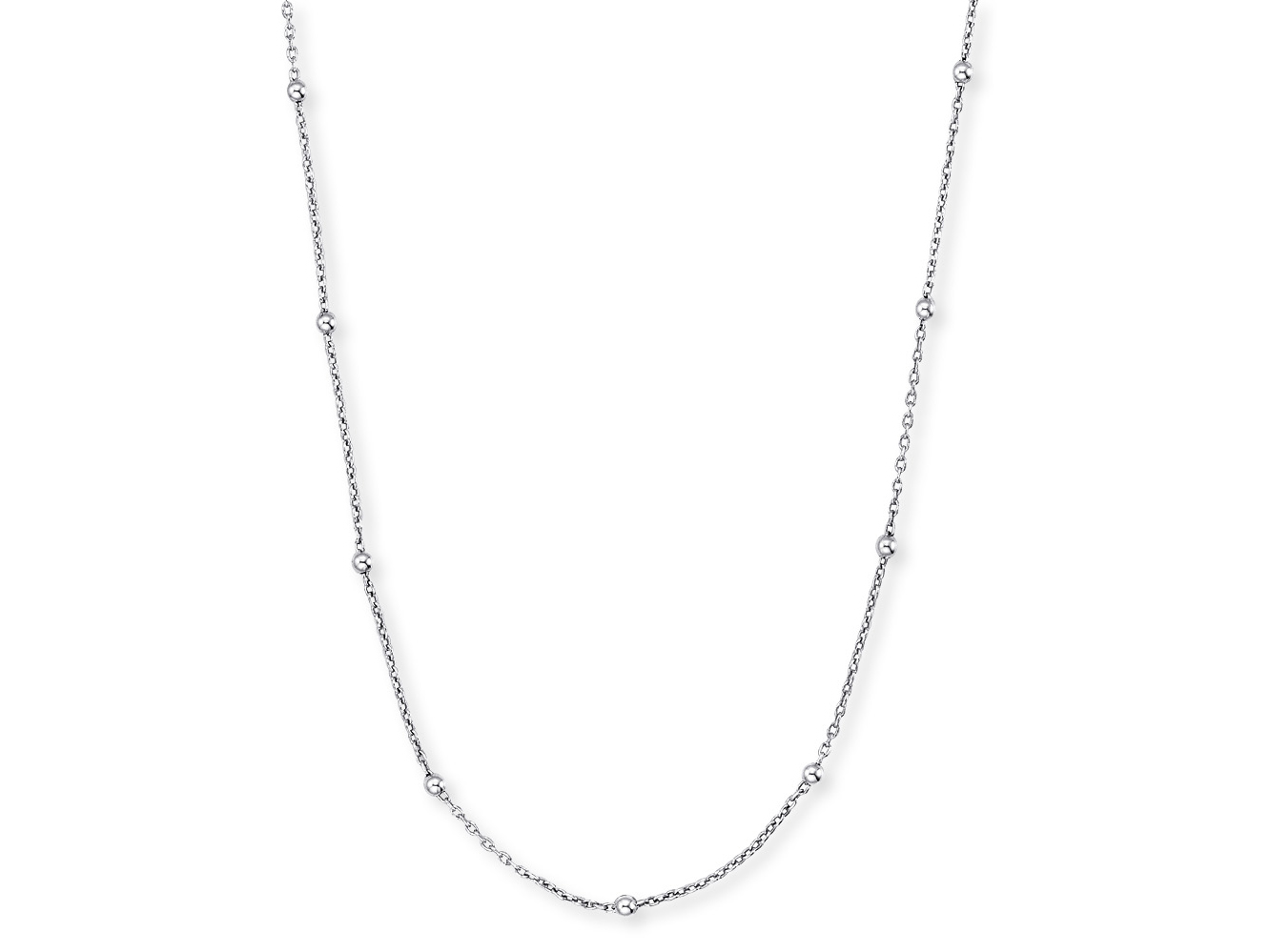 Silberne Kugelkette von Engelsrufer, rhodiniert, 60 cm lang, mit gleichmäßig verteilten kleinen Kugeln, elegant und zeitlos, ideal für festliche Anlässe oder den Alltag.