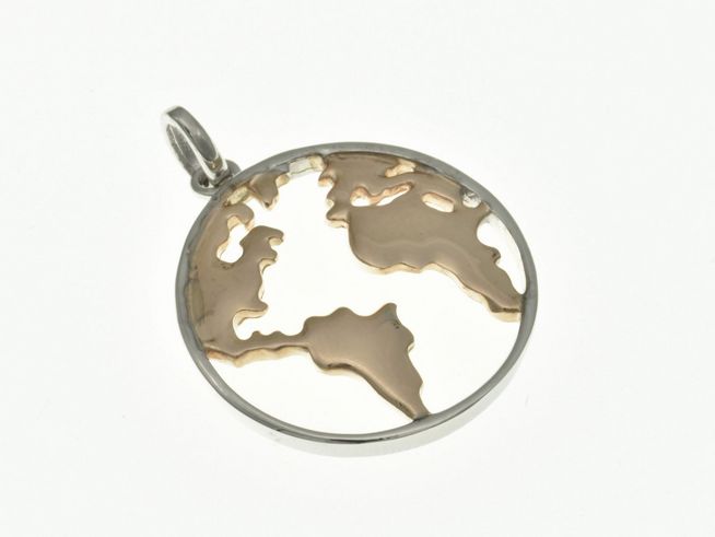 Weltkarte rund Anhänger aus Sterling Silber mit Bicolor Roségold rhodiniert, filigranes Design, Hersteller Juwelier Harnisch, ideal für weltoffene Schmuckliebhaber.