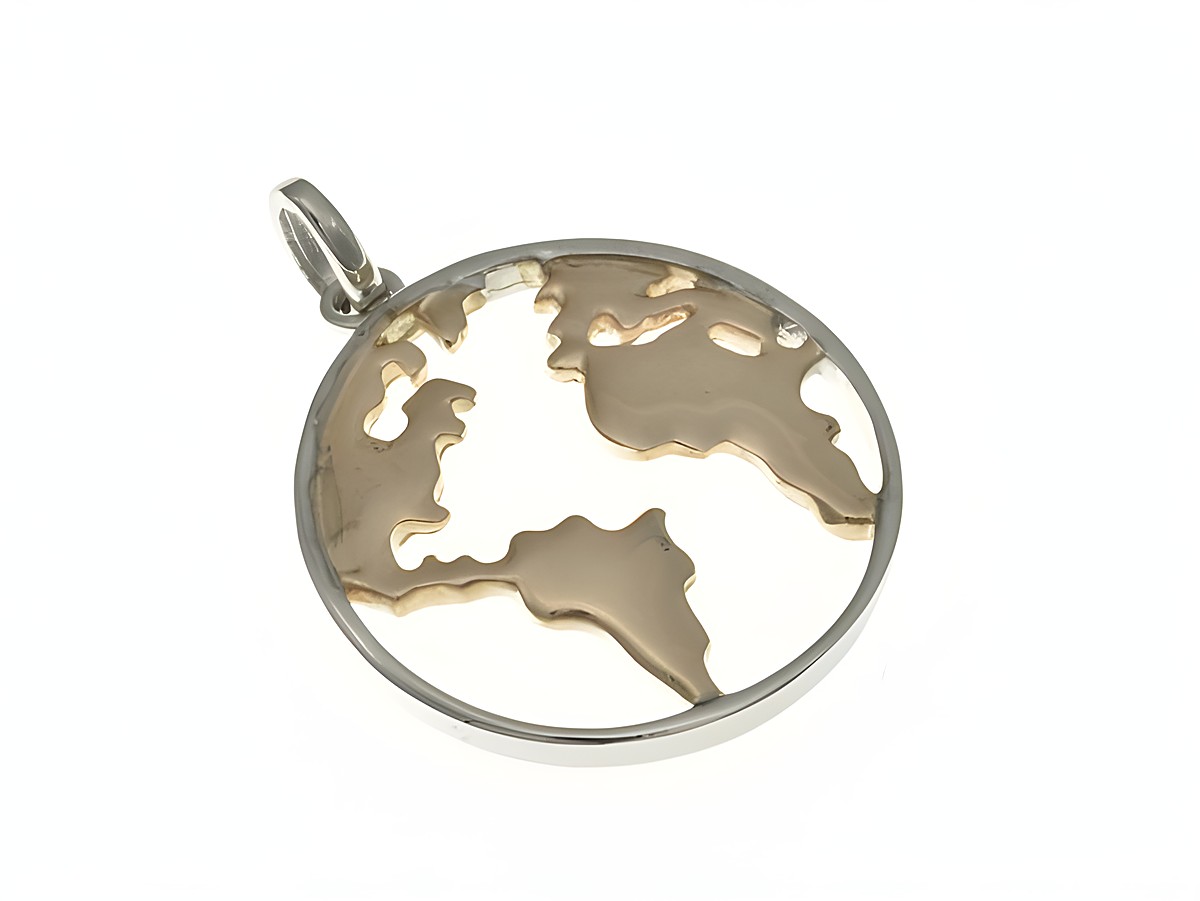 Weltkarte rund Anhänger aus Sterling Silber mit Bicolor Roségold rhodiniert, filigranes Design, Hersteller Juwelier Harnisch, ideal für weltoffene Schmuckliebhaber.
