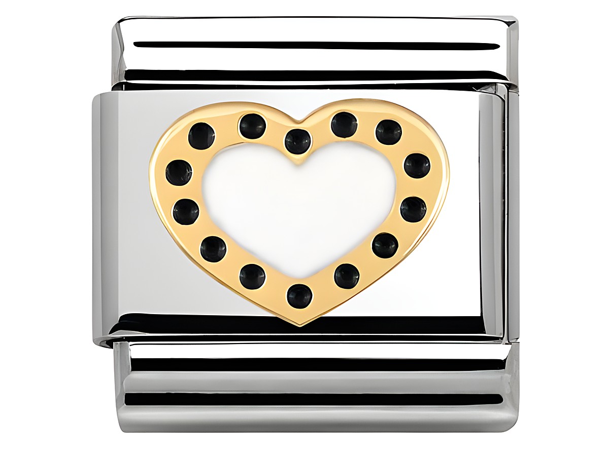 Edelstahl Modul mit goldfarbenem Herz und schwarzen Kügelchen, darunter eine weiße Emaillefläche, für die Nomination Classic Love Kollektion.