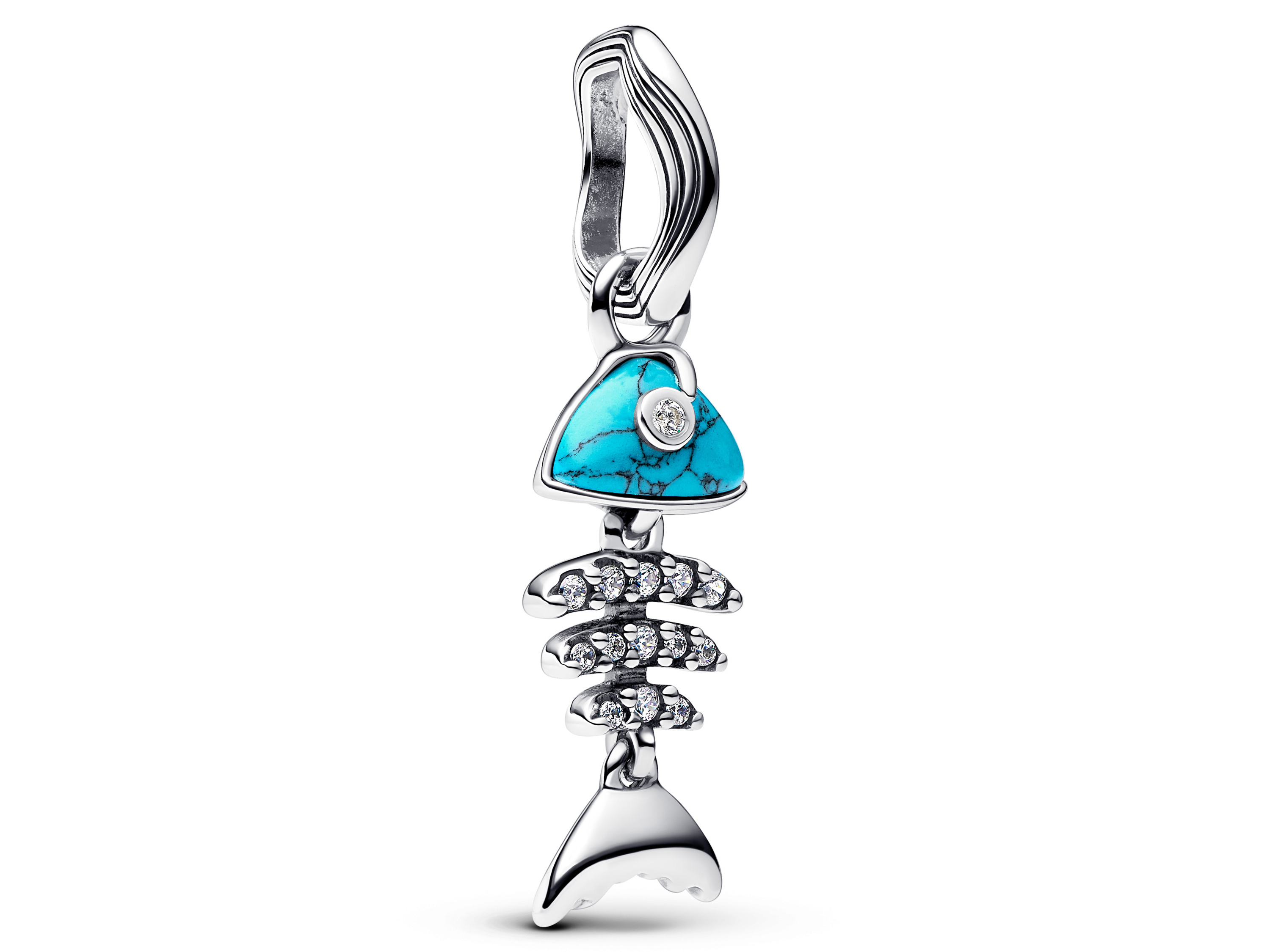 Charm in Form einer türkisen Fischgräte aus Sterling Silber, verziert mit funkelnden Elementen, stilvoll und modern für individuelle Armbänder. Ideal für Fischliebhaber und modebewusste Frauen.
