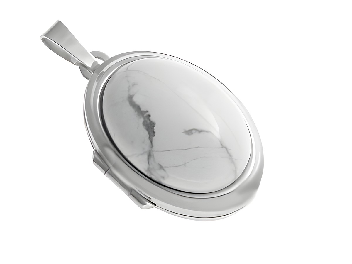 Magnesit Cabochon in rhodiniertem Sterling Silber Medaillon, elegant und zeitlos, gefertigt von Juwelier Harnisch, perfekt als Schmuckstück für besondere Anlässe.