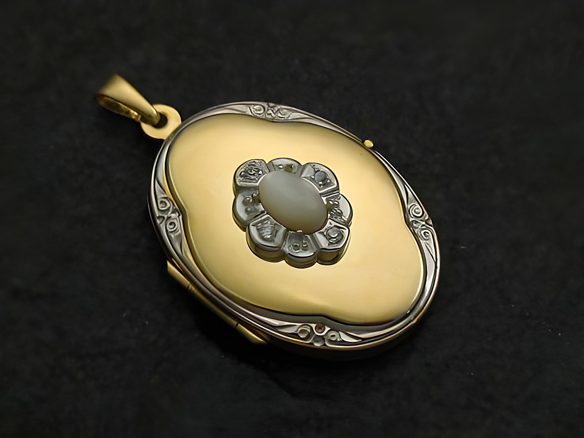 Perlmutt weiß Medaillon Cabochon Gold 333 bicolor mit Brillanten, Hersteller Juwelier Harnisch, Gelbgold 333, elegantes Design, ideal als zeitloses Schmuckstück.