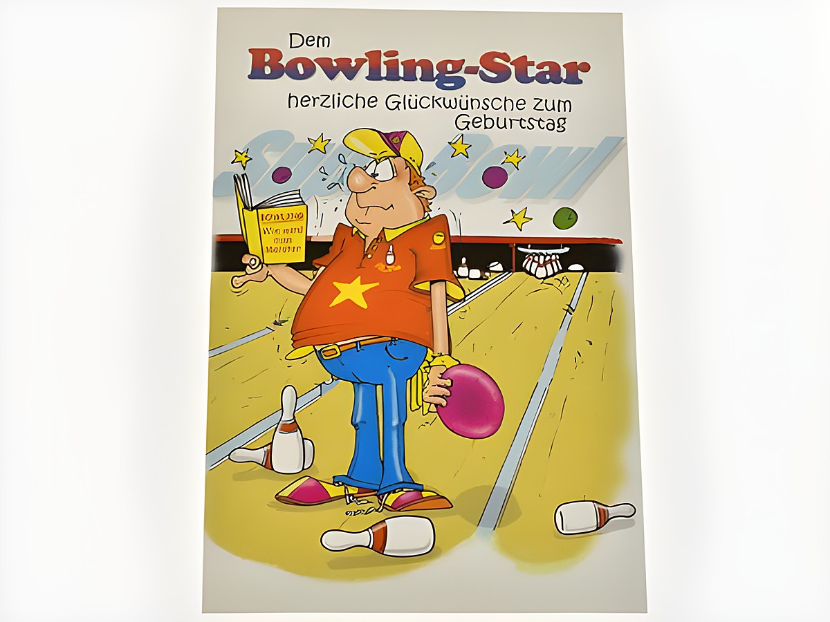Geburtstagskarte für Bowlingliebhaber mit einem humorvollen Bowlingspieler, der eine Bowlingkugel in der Hand hält, umgeben von Bowlingpins und bunten Elementen, Hersteller Juwelier Harnisch.