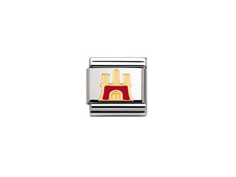 403024925-0 Das Bild zeigt ein charmantes Schmuckstück von Nomination, das ein klassisches deutsches Schloss in Gold und Rot darstellt, ideal für die Kombination mit anderen Anhängern.