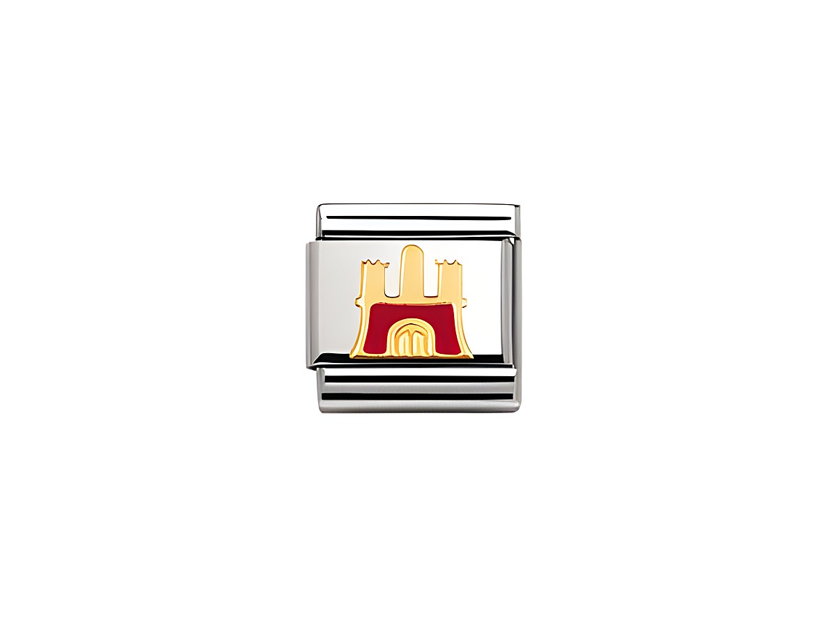 Das Bild zeigt ein charmantes Schmuckstück von Nomination, das ein klassisches deutsches Schloss in Gold und Rot darstellt, ideal für die Kombination mit anderen Anhängern.