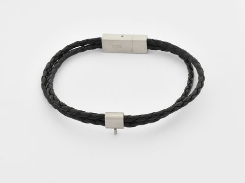 Armband aus Leder, 2 fach geflochten, schwarz, 21 cm, Hersteller Juwelier Harnisch, Leder Armband mit unauffälligem Verschluss.