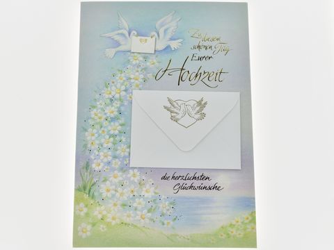 Hochzeitskarte mit Umschlag und Täubchen, zartes Design mit Blumen und Pastellfarben, persönliche Glückwünsche zur Hochzeit von Juwelier Harnisch.