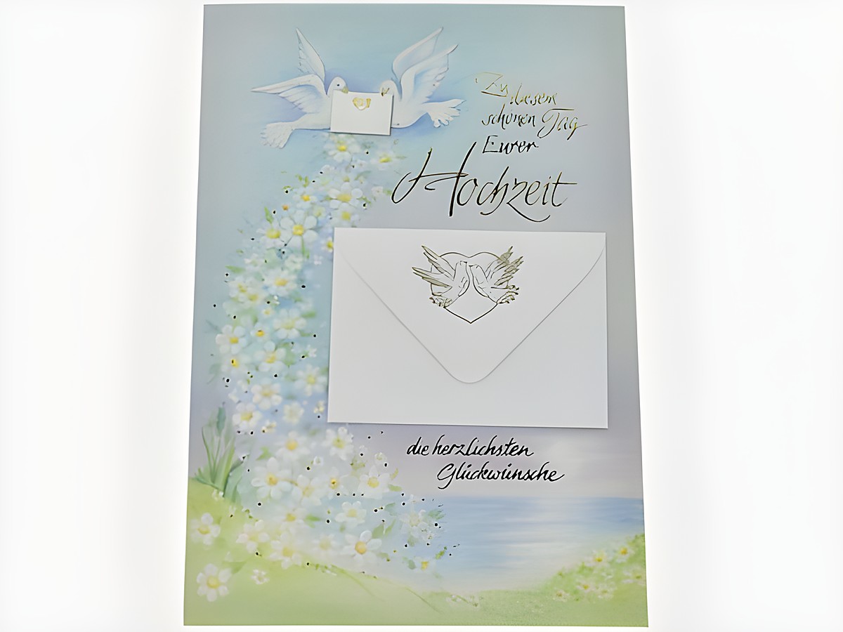 Hochzeitskarte mit Umschlag und Täubchen, zartes Design mit Blumen und Pastellfarben, persönliche Glückwünsche zur Hochzeit von Juwelier Harnisch.