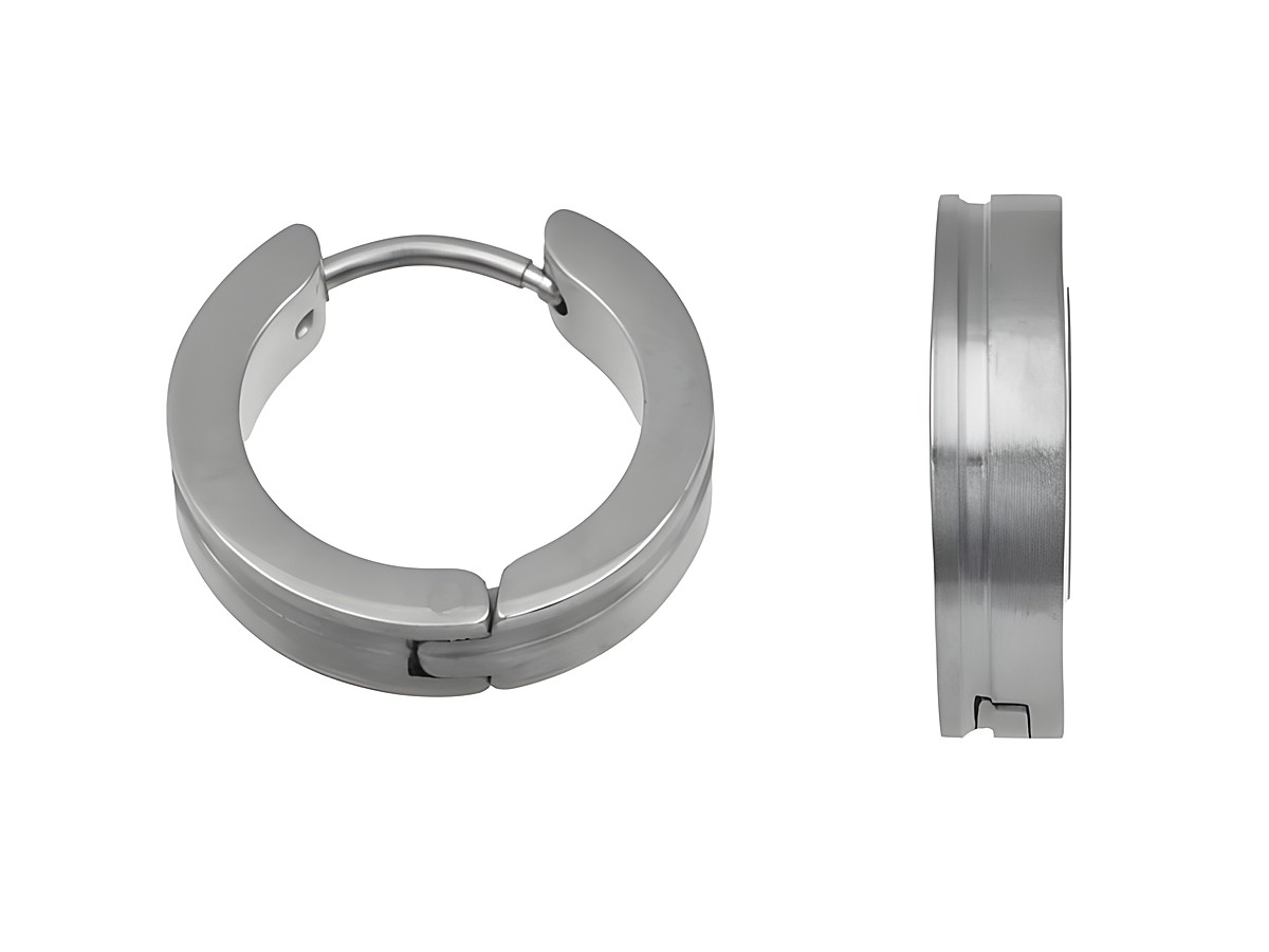 Edelstahl Creolen 1,6 cm teilmattiert in modernen Stil, Hersteller Juwelier Harnisch, seitliche und Frontansicht der Creolen zeigen elegante Form und hochwertige Verarbeitung.