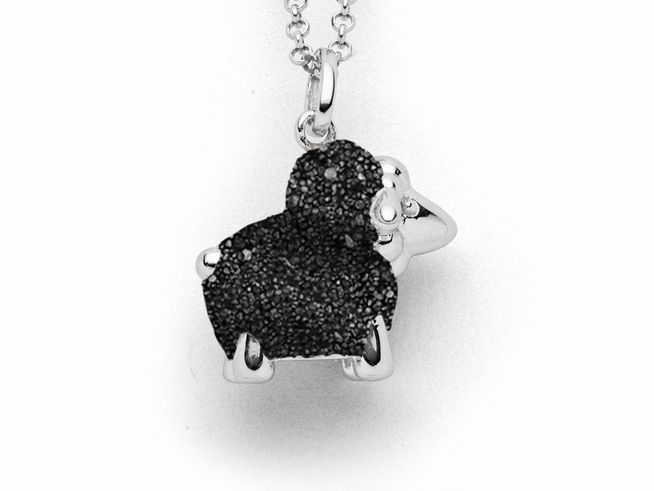 Sterling Silber Anhänger in Schaf-Form, rhodiniert, mit schwarzem Lavasand für einen modernen Look, ideal als modisches Schmuckstück von DUR.