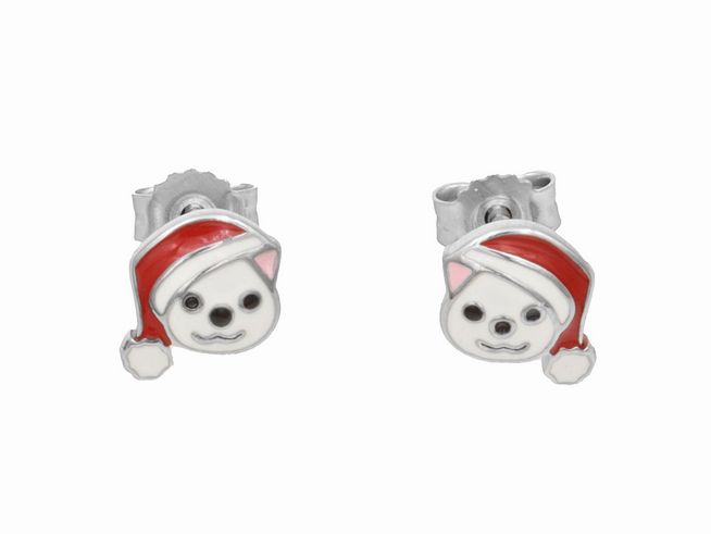 305232-0 Ohrstecker in Form eines Eisbären mit Mütze, aus poliertem rhodiniertem Sterling Silber, weiß-rot lackiert, ideal für Kinder, Hersteller Juwelier Harnisch.