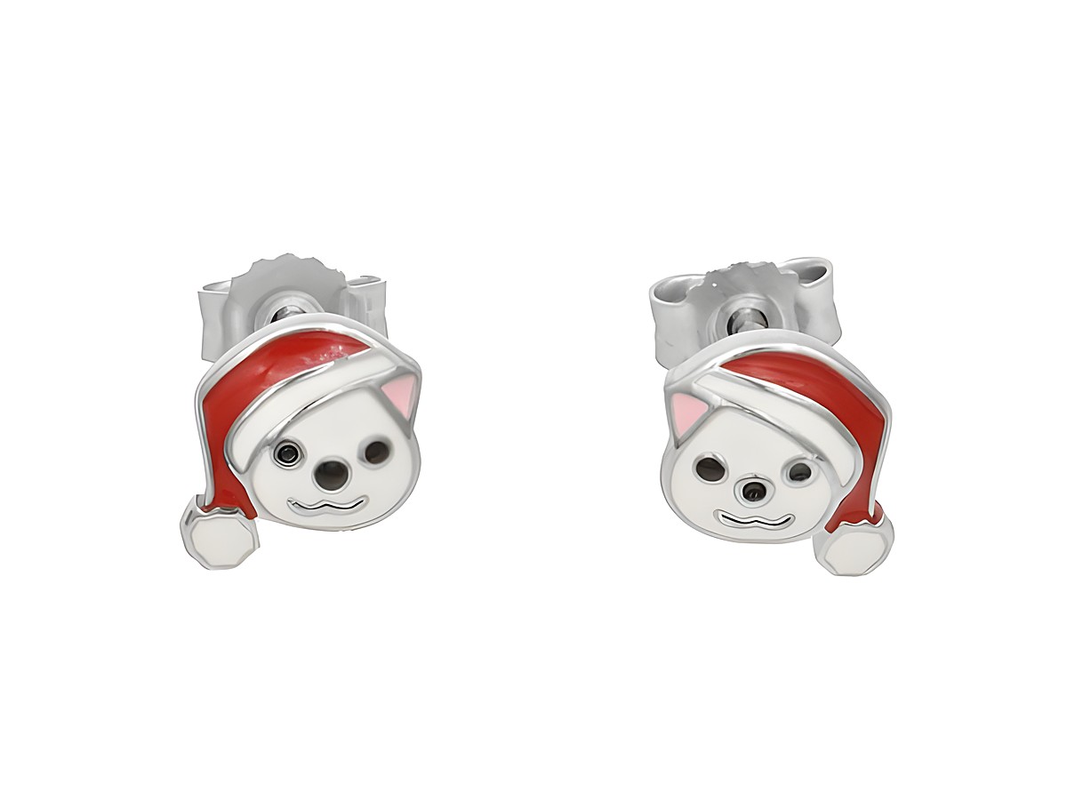 Ohrstecker in Form eines Eisbären mit Mütze, aus poliertem rhodiniertem Sterling Silber, weiß-rot lackiert, ideal für Kinder, Hersteller Juwelier Harnisch.