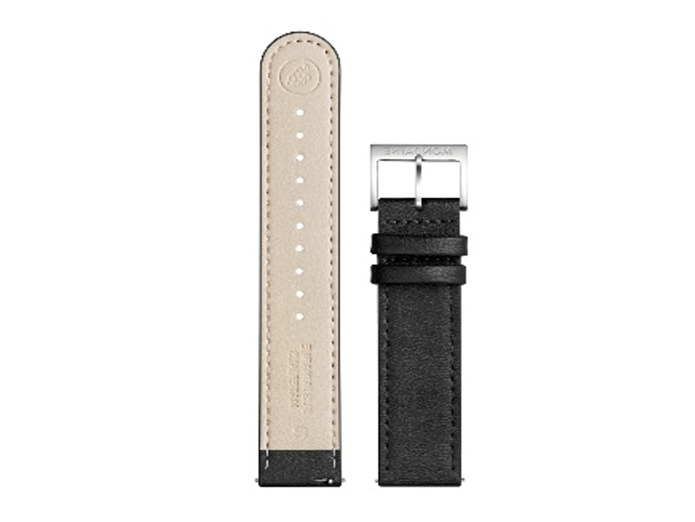 Lederarmband FGM.3120.22Q.1.K von Mondaine aus veganem Traubenleder in Schwarz, 20 mm, zeigt ein elegantes Design mit einer silbernen Schnalle und einem hochwertigen Finish.