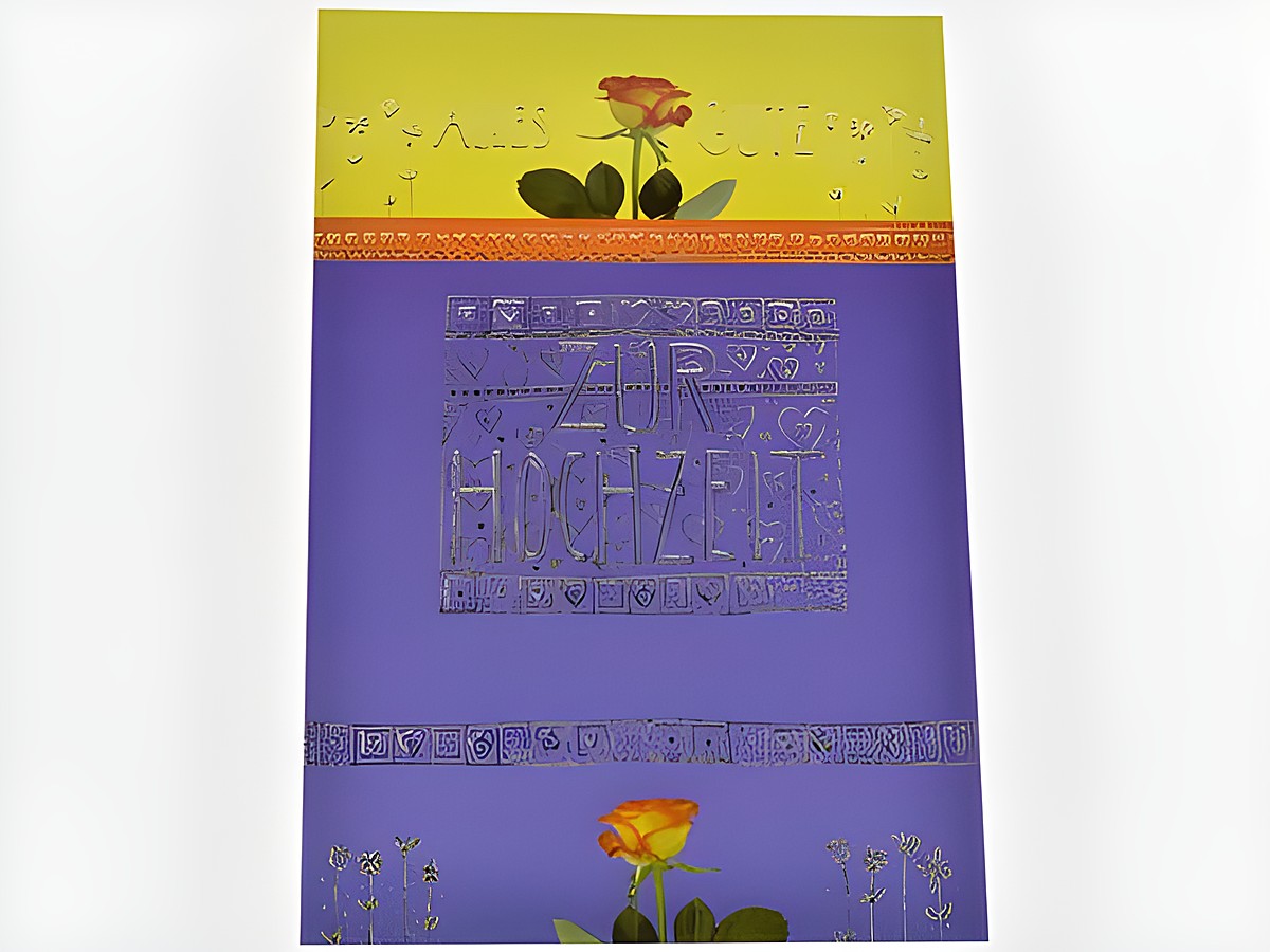 Hochzeitskarte mit buntem Design, gelber und lila Grundfarbe, geschmückt mit einer roten Rose, in der Mitte der Aufschrift zur Hochzeit sowie der Botschaft alles Gute, Hersteller Juwelier Harnisch.