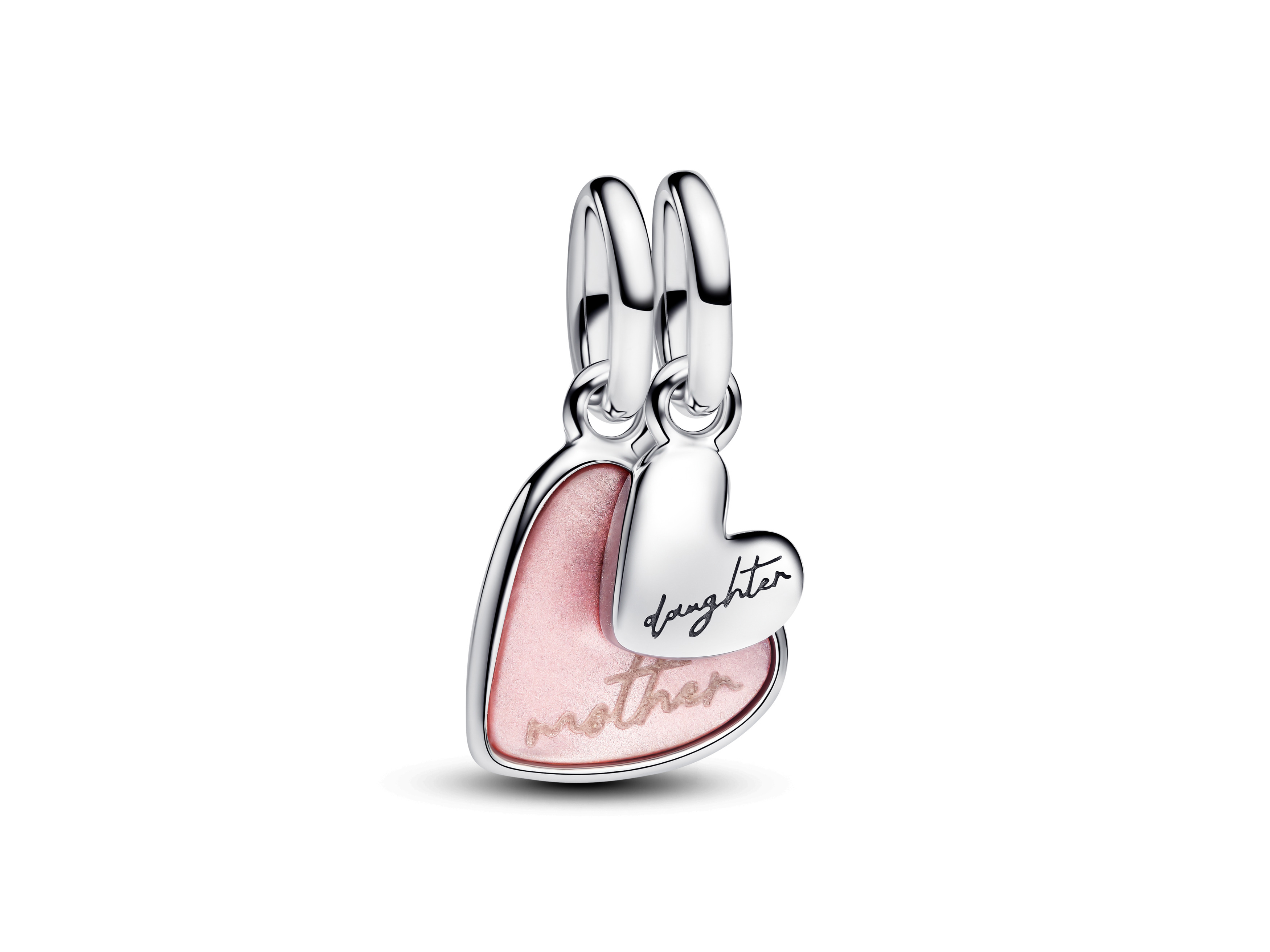 Charm von Pandora aus Sterling Silber, splittbar, mit den Wörtern Mother und Daughter, in pinkem synthetischem Perlmutt, elegantes Design für besondere Bindungen.