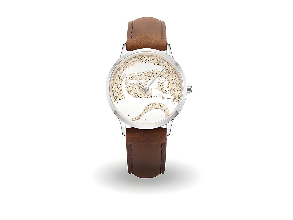 DUR Uhr Küste Strandsand DW003 aus Edelstahl mit einem Durchmesser von 36 mm und braunem Lederarmband, Zifferblatt mit Sandmotiven.