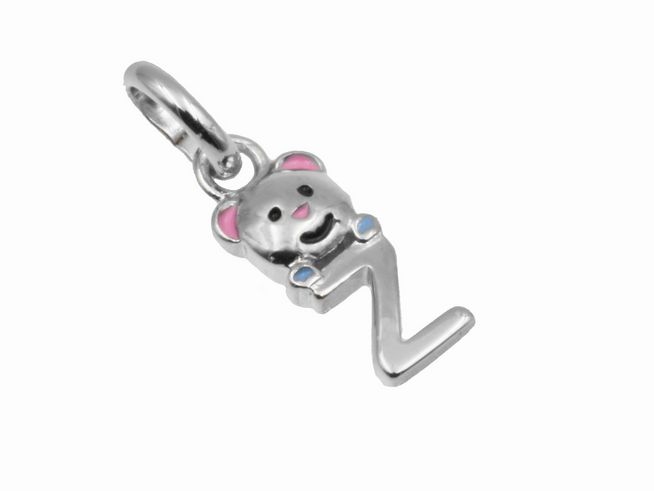 Ein Teddy-Anhänger in Form des Buchstabens Z, aus 925 Sterling Silber, poliert und rhodiniert, mit bunten Akzenten. Hersteller ist Juwelier Harnisch.