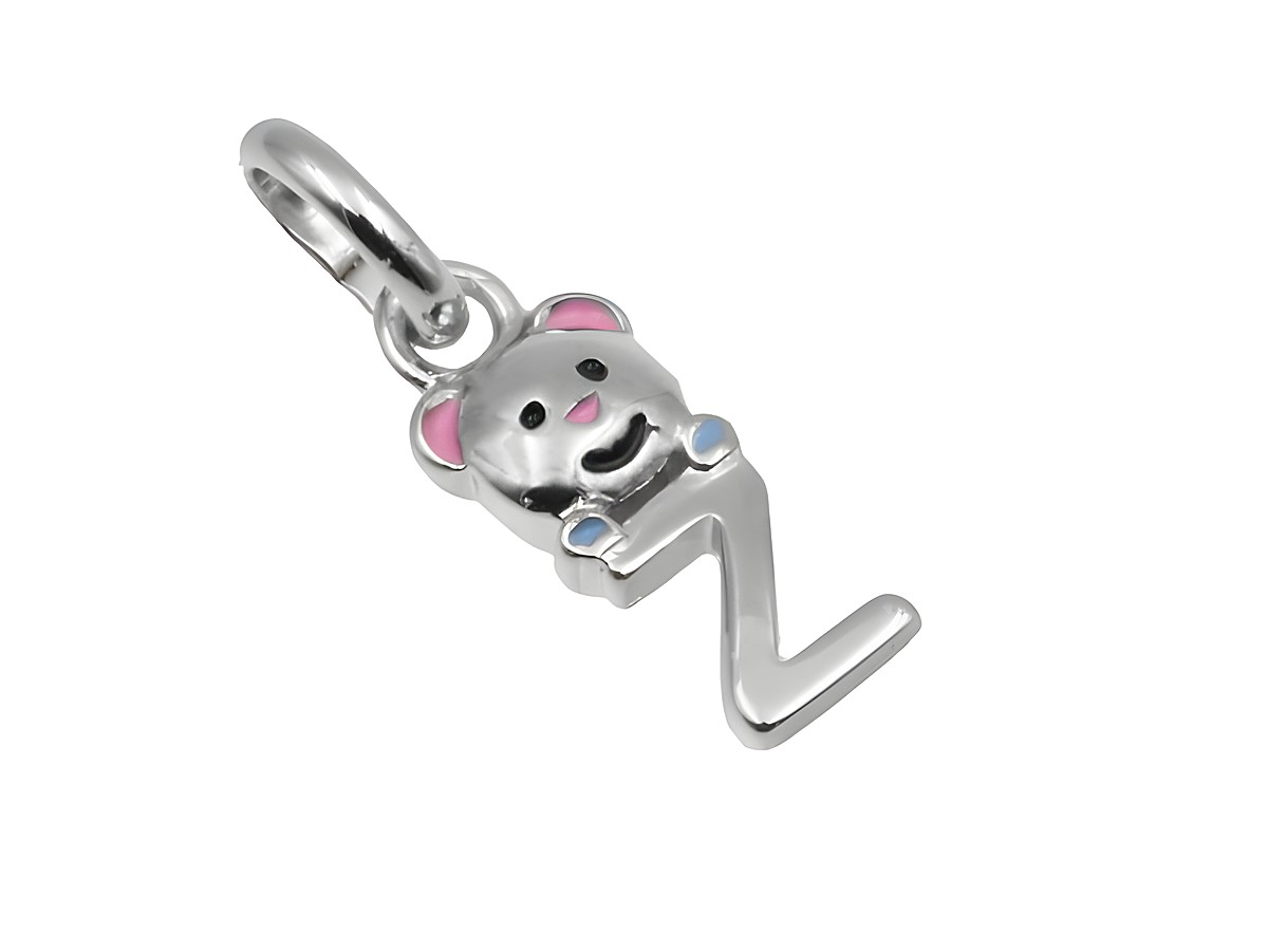 Ein Teddy-Anhänger in Form des Buchstabens Z, aus 925 Sterling Silber, poliert und rhodiniert, mit bunten Akzenten. Hersteller ist Juwelier Harnisch.