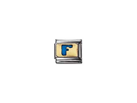 NOMINATION Classic Buchstabe BLAU emailliert F 03020106, Hersteller: Nomination, blau emailliertes F auf goldfarbenem Hintergrund, eingebettet in eine silberfarbene Metallfassung.