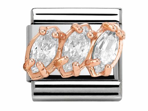 Classic Roségold mit drei Zirkonia in einer eleganten Anordnung, umgeben von einem silbernen Rahmen, ideal für stilvolle Armbänder von Nomination.