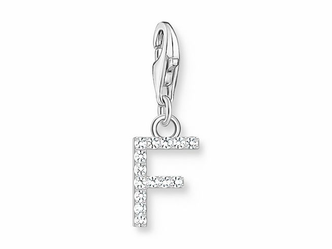 Funkelnder Charm-Anhänger in Form des Buchstabens F aus Silber mit Zirkonia in Weiß, ideal zum Personalieren von Schmuckstücken, Hersteller Thomas Sabo.