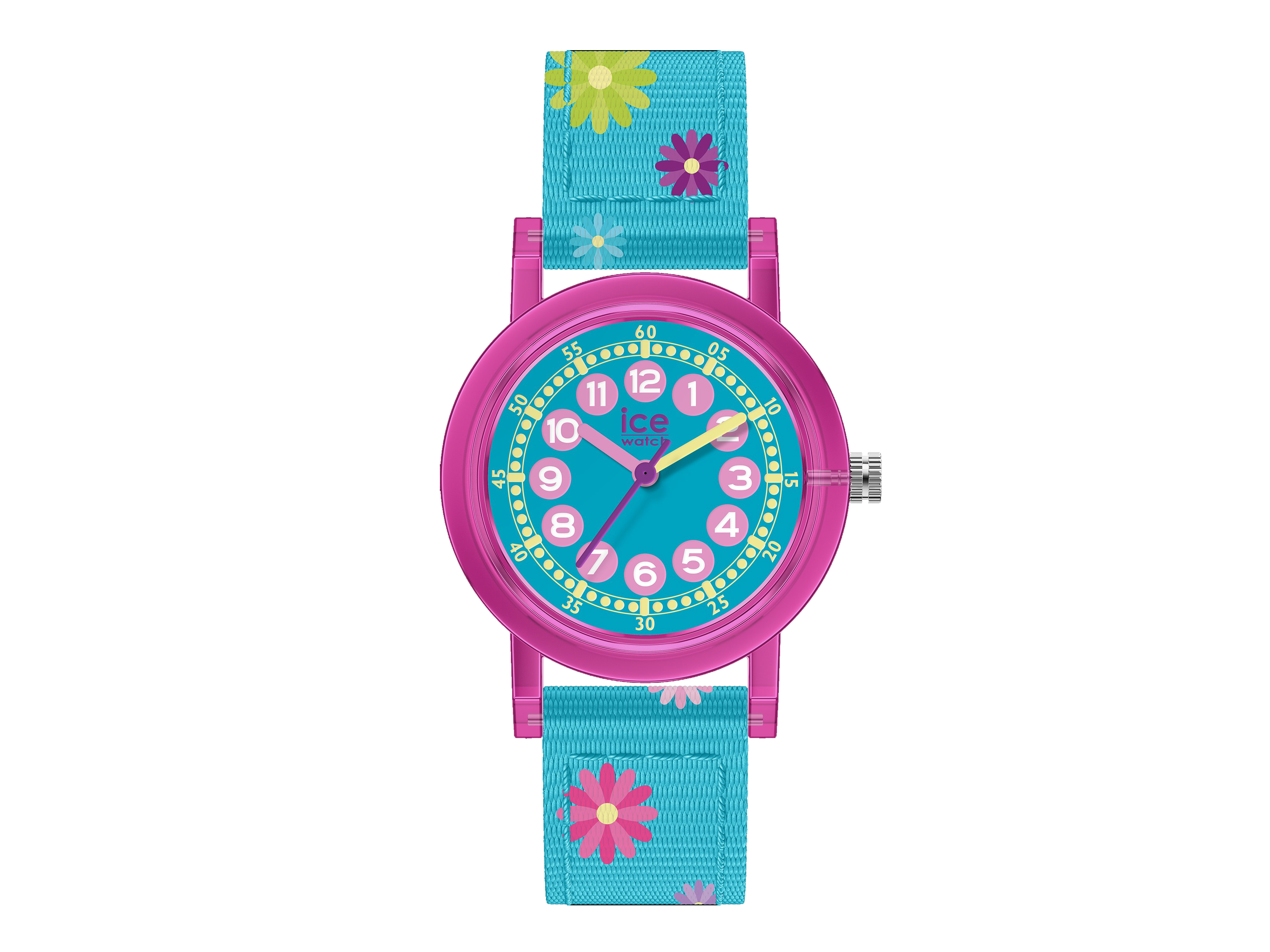 Ice Watch Uhr 023300 ICE learning Pink flowers Small zeigt ein farbenfrohes Design mit einem blauen Zifferblatt, pinken und grünen Blumen auf dem Armband und einer robusten Lünette.