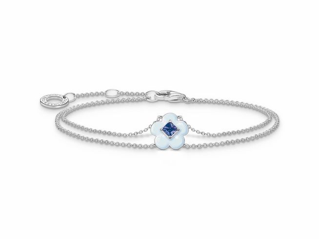 Silbernes Armband von Thomas Sabo mit Emaille und einem blauen Glas-Keramik Stein in Blumenform, geeignet für Handgelenke von 16 bis 19 cm. Schmuckstück für trendbewusste Frauen.