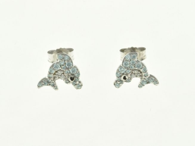 Delfin Ohrstecker aus rhodiniertem Sterling Silber mit funkelnden Zirkonia in blau, perfekt für einen maritimen Look und jedes Outfit geeignet, Hersteller Juwelier Harnisch.