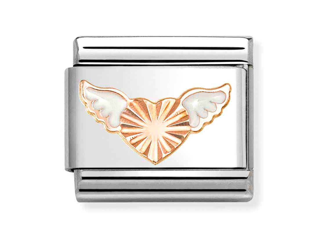 Charm von Pandora in Roségold und Emaille, beflügeltes Herzmotiv vor silbernem Hintergrund, ideal zum individualisieren von Armbändern, Neuheit im Sortiment.
