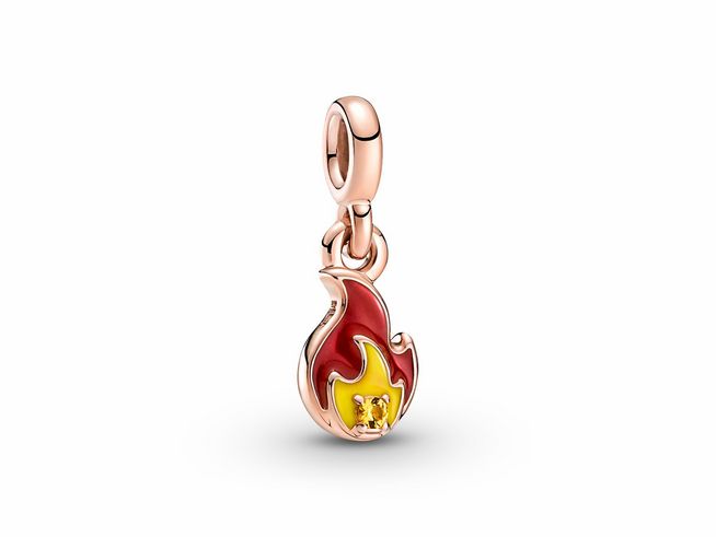 Brennende Flamme Mini-Anhänger aus Roségold Vergoldung von Pandora ME mit Kristall und Emaille in Rot und Gelb, ideal für eine stilvolle Charm-Kollektion.