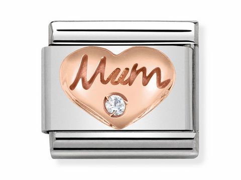 Herzstück aus Roségold mit der Gravur Mum und einem funkelnden Stein, eingefasst in einem klassischen silbernen Rahmen von Nomination, ideal als persönliches Geschenk für Mutter.
