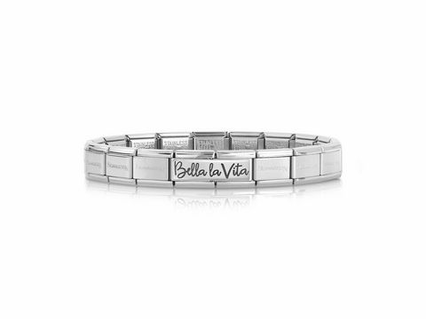 Silbernes Armband von Nomination mit der Gravur Bella la Vita, Teil der Classic Kollektion, aus mehreren verbundenen Elementen, elegant und zeitlos, ideales Starter-Armband.